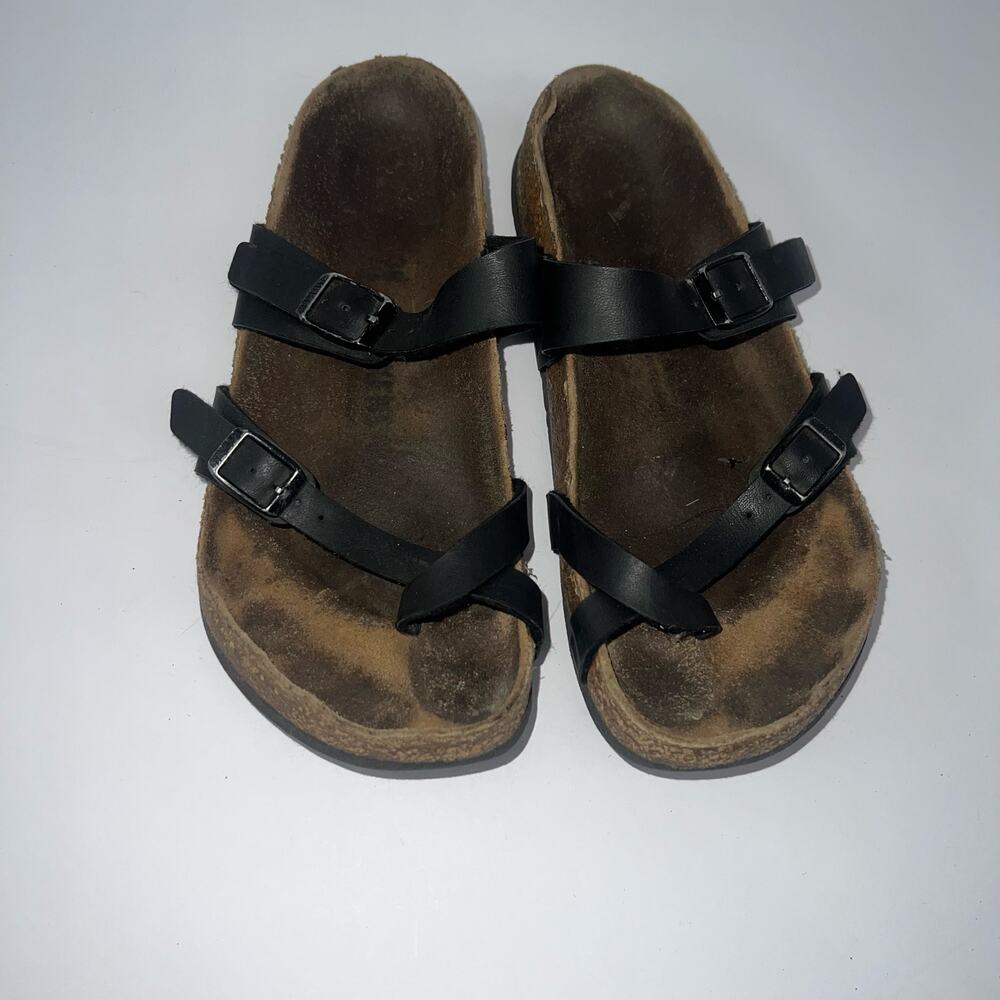 Birkenstock Used Black Strappy Leather Sandals SlipOn Buckle Flat Sz 38 or 7/7.5